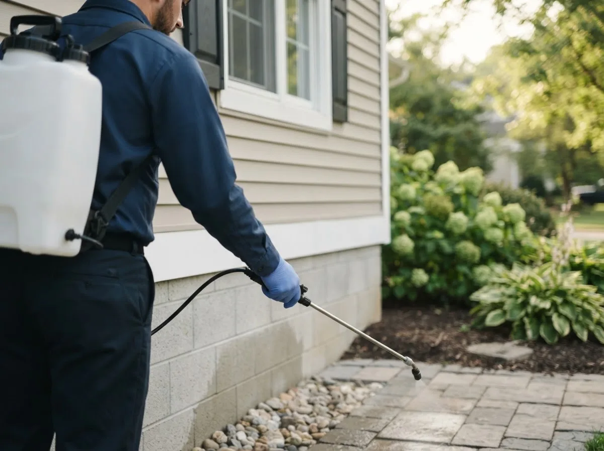 Pest control technician inspecting a home in Fiskdale, MA